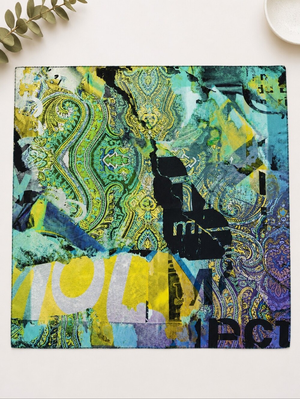 Silk Abstract Mosaic Paisley Square Scarf Green Blue Yellow Multicolor